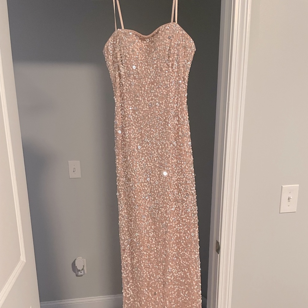 Adrianna Papell blush champagne sequins bridesmaid dress
